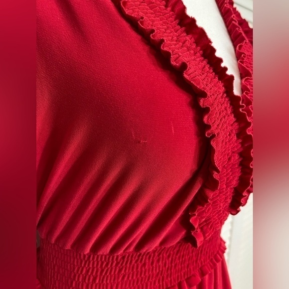 Small Metro 7 Red Ruffle V-Neck Overlap Short Sleeve Dress - Picture 3 of 6